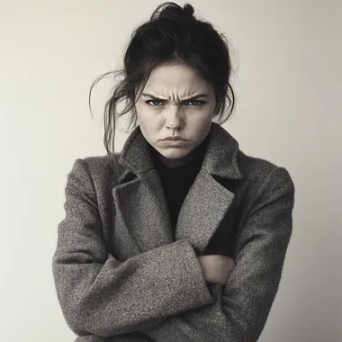 30-year-old woman in long coat, arms crossed, frowning in urban setting