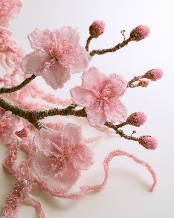 3D Bead Embroidery Pink Cherry Blossoms