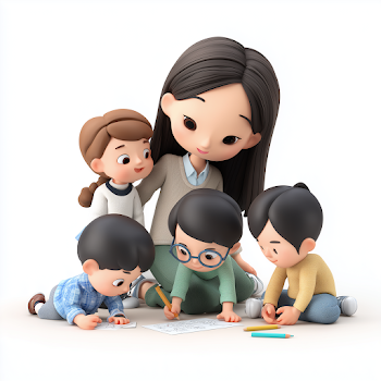 3D Cartoon Asian Teacher Engaging with Children