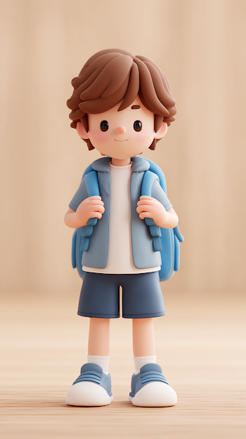 3D Cute Student Character in Blue and White School Uniform