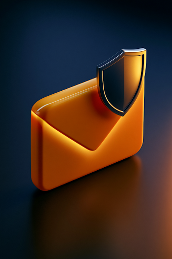 3D Glowing Orange Email Icon with Metallic Shield on Dark Background