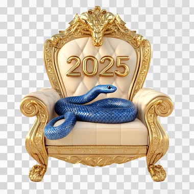 3D golden text 2025 with a blue snake on the royal throne chair