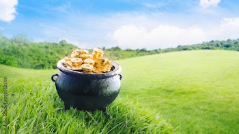 3D illustration of a cauldron filled with golden coins
