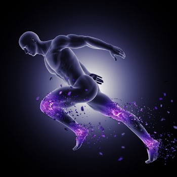 3d male figure in sprinting pose with leg joints highlighted and shattering Free Photo