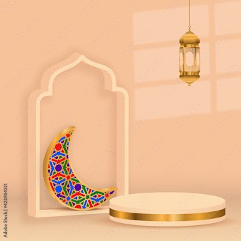 3d ramadan kareem background gold  crescent decoration with golden lamp and podium