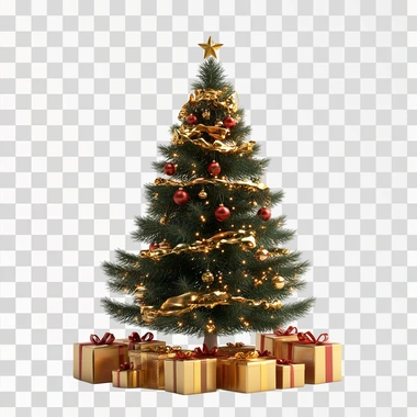 3D render of a New Year tree, white background, with gift bo