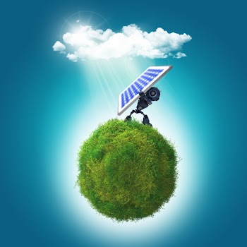 3d render of a robot holding a solar panel on a grassy glboe Free Photo