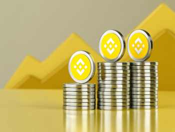 3D Stacked Cryptocurrency Coins on Glossy Yellow Surface
