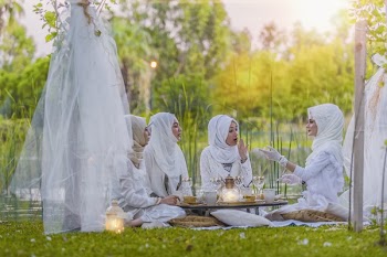 4 Women in White Abaya Wedding Gown Having Picnic Near Trees