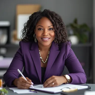 40-year-old African American woman CEO in office writing at desk 40-year-old African American woman CEO in office writing at desk
