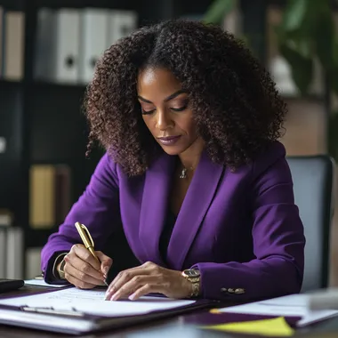 40-year-old African American woman CEO in office writing in purple suit 40-year-old African American woman CEO in office writing in purple suit