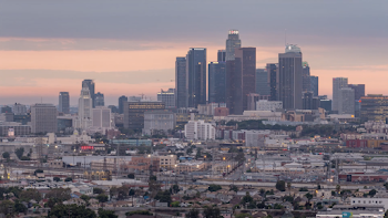4K+) Downtown Los Angeles Skyline and Smoke Day to Night Sunset ...