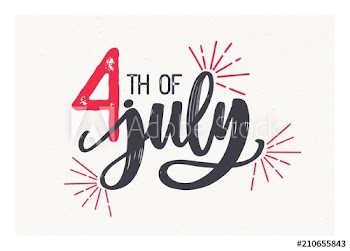 4th of July lettering written with elegant cursive font and decorated with fireworks
