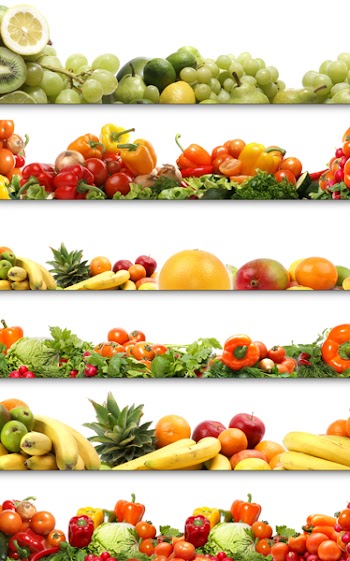 5 nutrition textures (fruits and vegetables isolated on white)