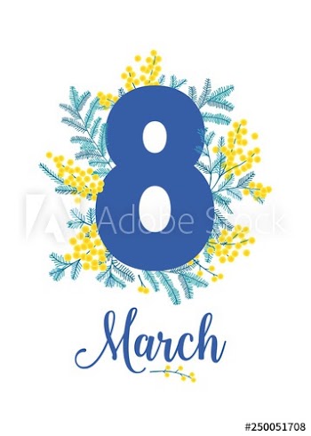 8 march greeting card or postcard template with spring mimosa flowers and green leaves on white background