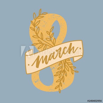8 march lettering handwritten with calligraphic font and decorated by elegant yellow ribbon and branches with leaves on light background