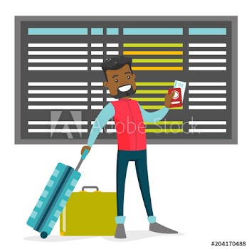 A black man holding a passport and luggage near the timetable in the airport