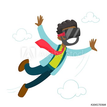 A black man in virtual reality headset flying in the air