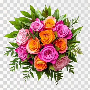 a boquet of hot pink and bright orange roses with some green