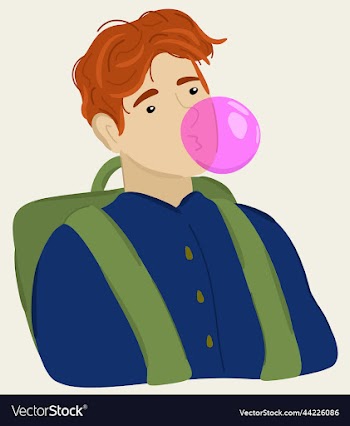 a boy with backpack chewing a