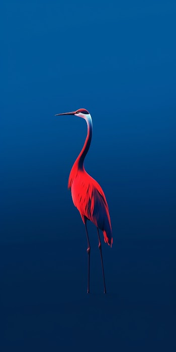 a bright red crane on a cobalt blue background
