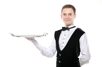 A butler holding an empty silver tray isolated on white background