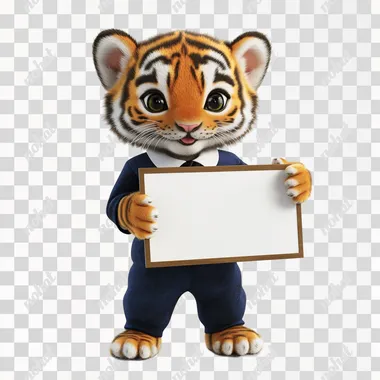 a cartoon tiger holding a sign and wearing a suit