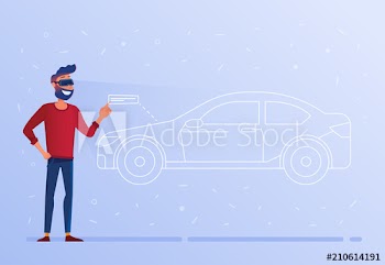A caucasian white man in AR glasses with virtual hud interface elements symbolizing progressive engineering
