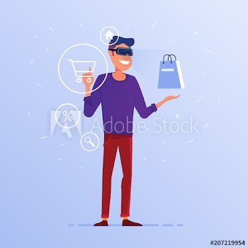 A caucasian white man in VR headset with virtual hud interface elements symbolizing online shopping