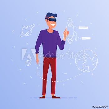 A caucasian white man in VR headset with virtual hud interface elements symbolizing start up launching