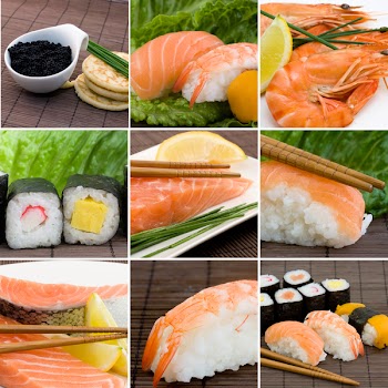 a collage photo of seafood, sushi, salmon and shrimps