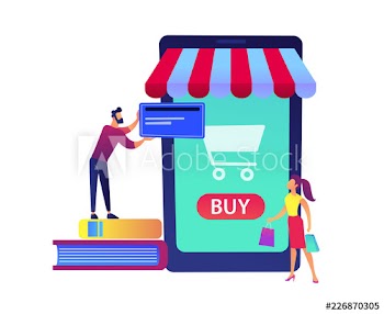 A couple shopping online with huge smartphone with shopping cart vector illustration