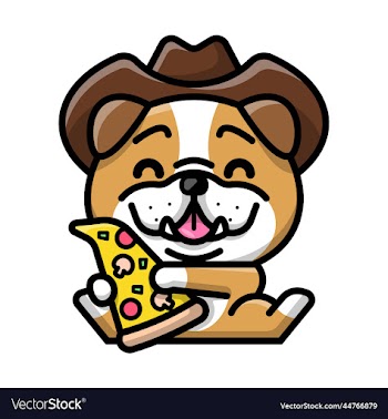 a cute bulldog is holding a slice of pizza cartoon