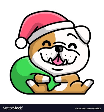 a cute bulldog with a santa hat and carrying a