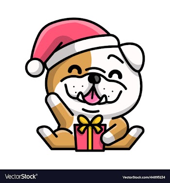 a cute bulldog with a santa hat and holding a