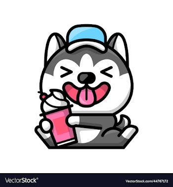 a cute husky is holding cup of ice cream cartoon