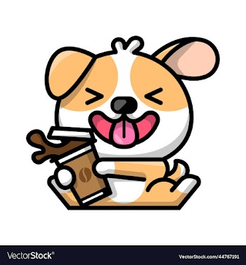 a cute puppy is holding a cup of coffee cartoon