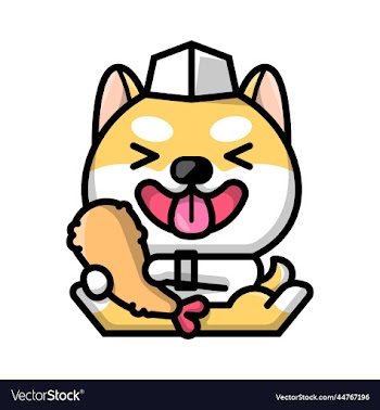 a cute shiba dog chef is holding a tempura cartoon