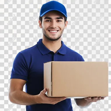 a delivery man holding a cardboard box