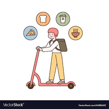 a delivery man is carrying a food box and riding