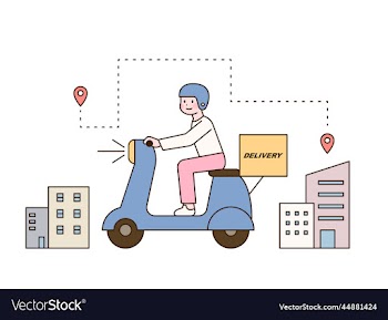 a delivery man rides a scooter to deliver