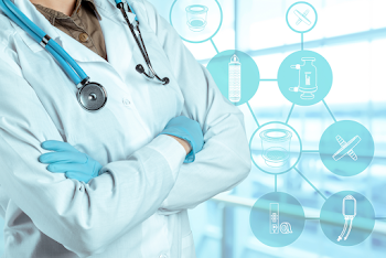 A doctor standing with his arms crossed in front of a medical background with icons of medical equipment on it