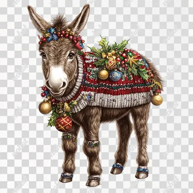 a donkey wearing a sweater with christmas decorations on it