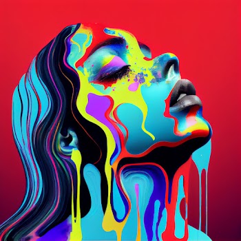 A face dissolving into colorful liquid