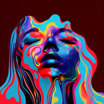 A face dissolving into colorful liquid