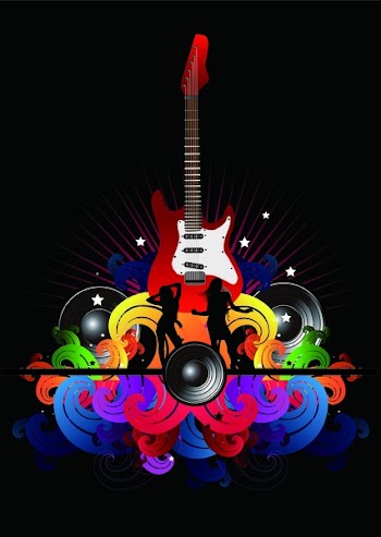 A funky and fresh background design with music elements and girls dancing.
