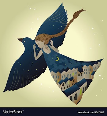 a girl flies on huge black bird