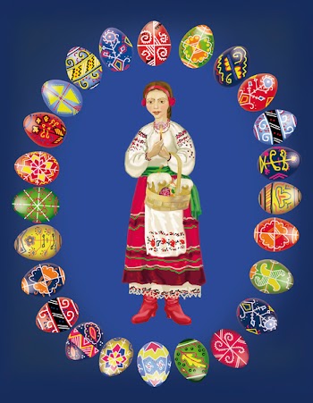 A girl in a festive suit holds a small basket  and candle, round it easter eggs
