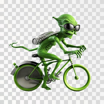 A green alien riding a bicycle, PNG transparent background