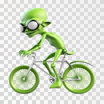 A green alien riding a bicycle, PNG transparent background